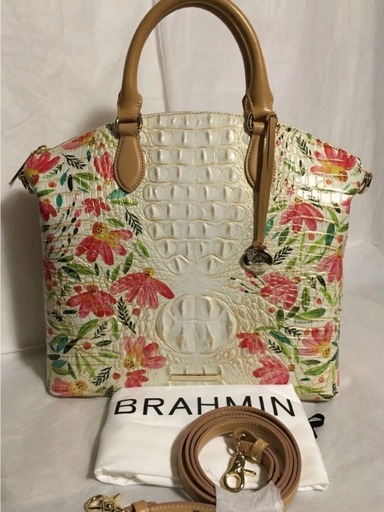 Brahmin Handbags - Brahmin Cream Floral Embossed Leather Tote with Tan Handles